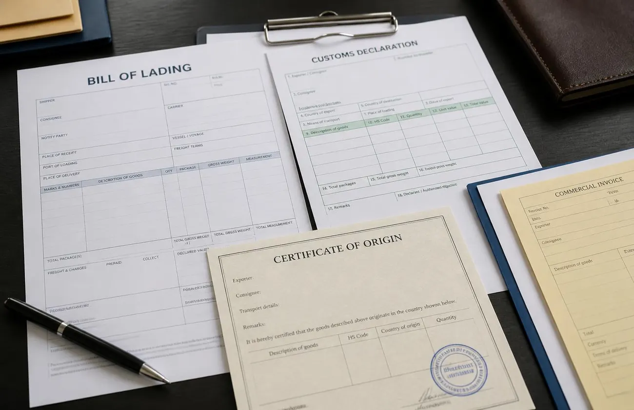 International trade documents laid out on a desk: a bill of lading, customs declaration, certificate of origin and commercial invoice.