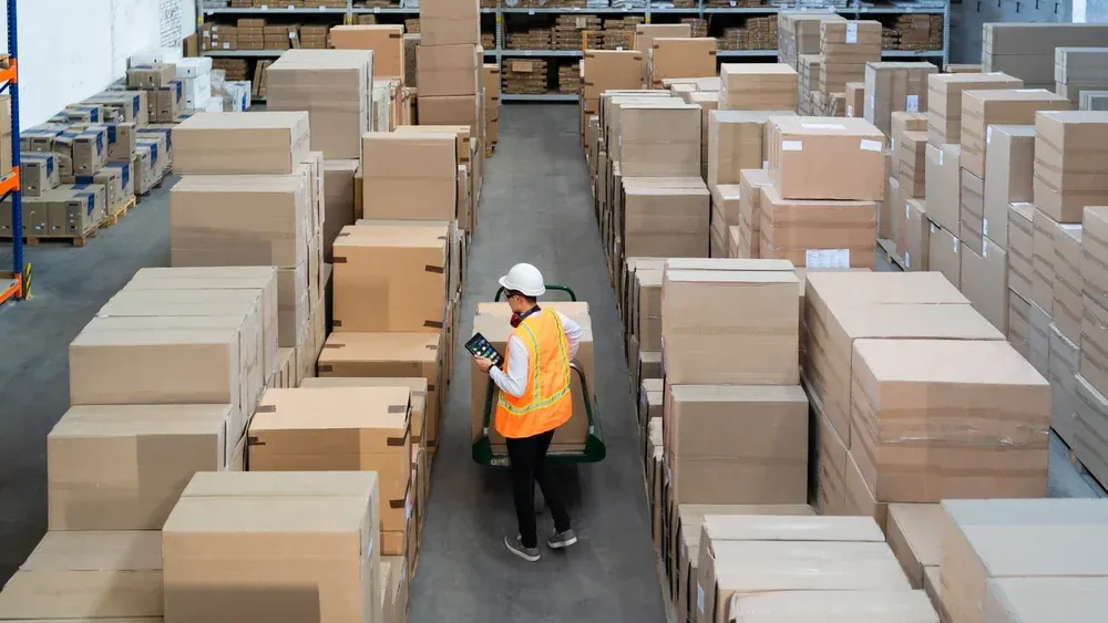 Warehouse operative checking stacked cartons in a high-volume distribution aisle.
