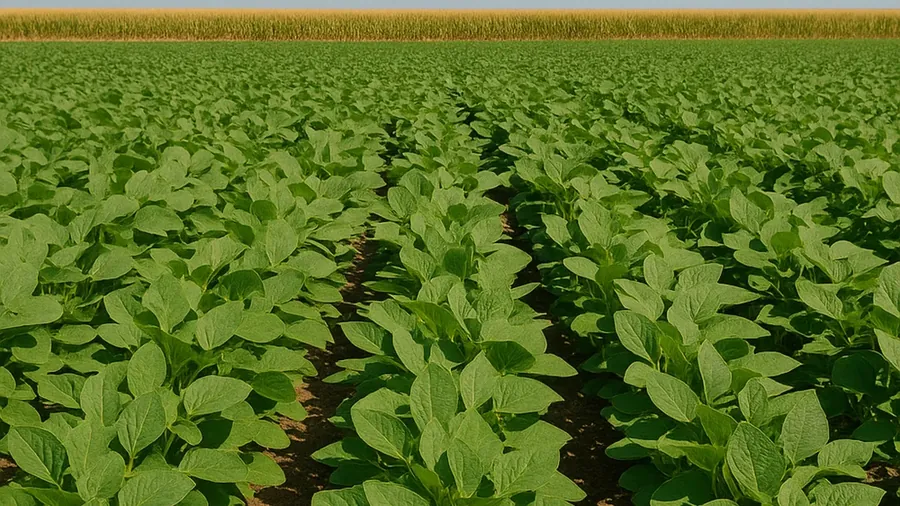 Rows of young green crops growing in an open agricultural field.