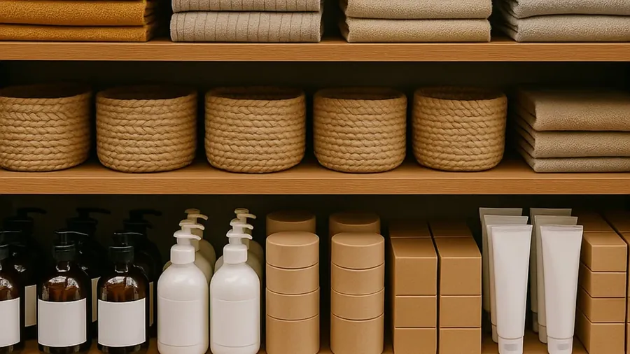 Retail shelving stocked with packaged household and personal-care products.