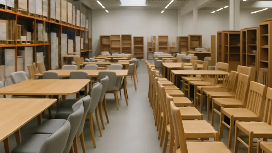 Rows of wooden dining tables and chairs in a furniture showroom.