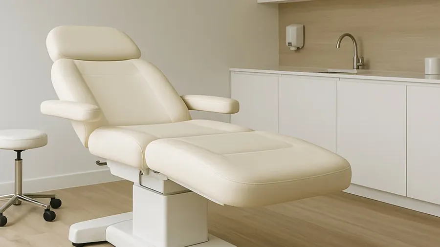 Treatment room with a clinical chair and clean cabinetry.