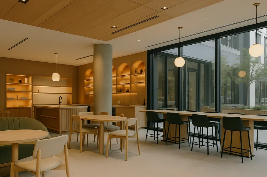 Modern café interior with timber joinery, counter seating and pendant lighting.