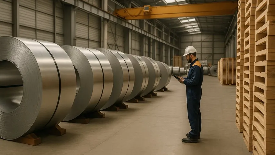 Large steel coils stored in an industrial warehouse.