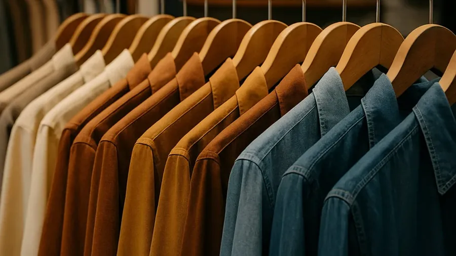 Garments on wooden hangers arranged along a retail rail.