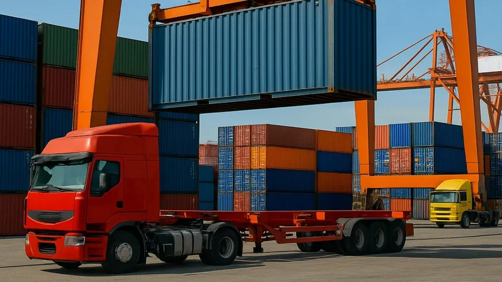 A container being lifted by a gantry crane onto a waiting truck chassis at a container terminal.