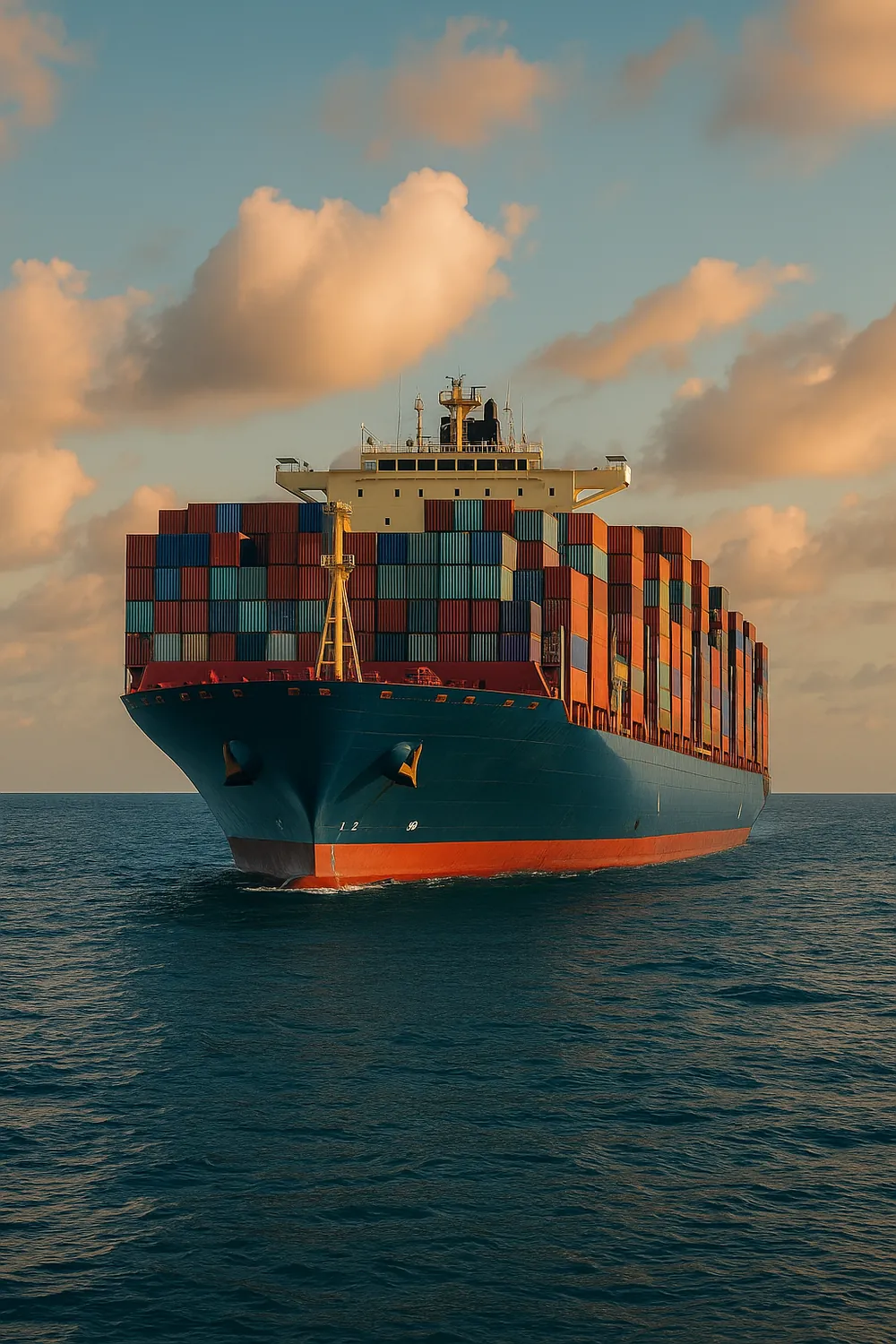 Fully loaded container vessel under way on open ocean.