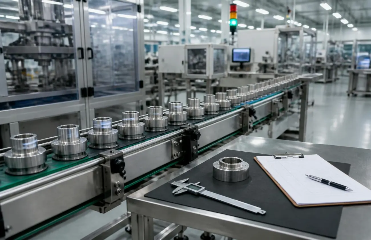 Finished metal components moving along a production line beside a factory quality-inspection bench with calipers and a checklist.